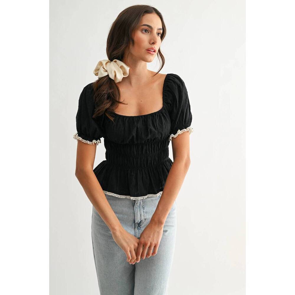 NEW CAMELLIA smocked peplum top with puff sleeves in black